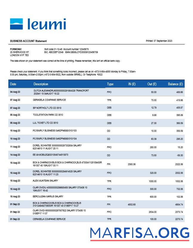 Downloadable Bank Leumi business statement Word and PDF template